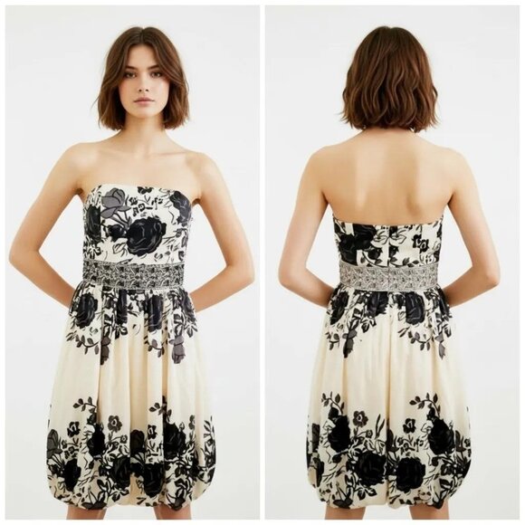 Forever 21 Dresses & Skirts - Forever 21 Women's Black Floral Beaded Waist Strapless Bubble Dress Size Medium